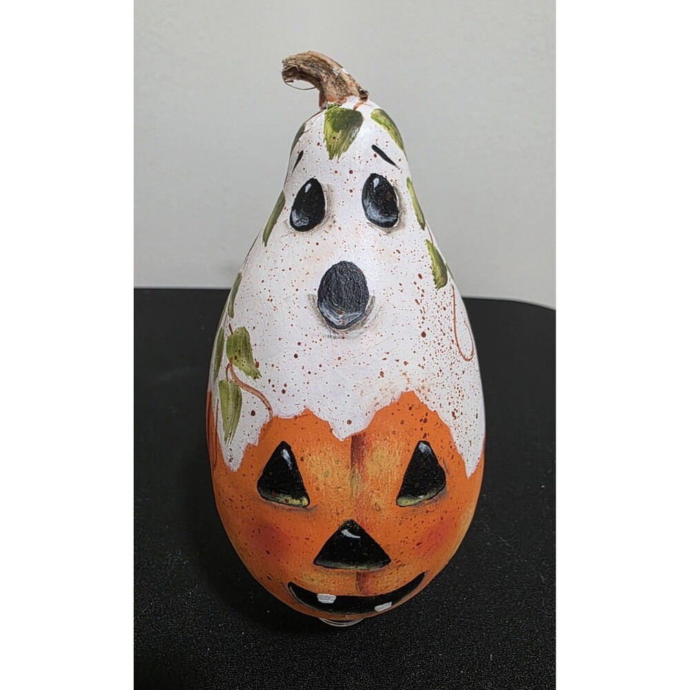 🎃 Hand Painted Gourd HALLOWEEN Ghost Jack O Lantern PUMPKIN Folk Art 5" EUC